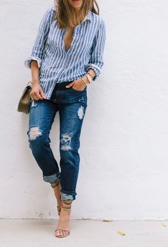 Classic Preppy Style with Ripped Jeans