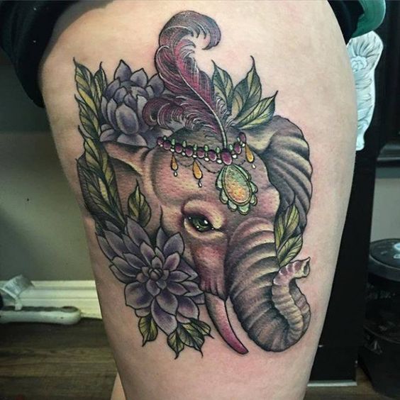 Colourful and Illustrative Elephant Tattoo