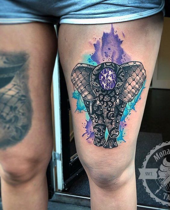 Lace and Watercolour Elephant Tattoo