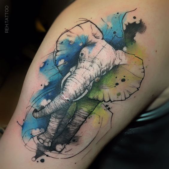 Watercolour Splash Elephant Tattoo