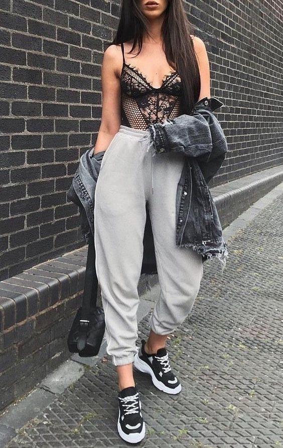 joggers with lace shirt