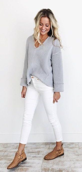 Grey Sweater and White Jeans