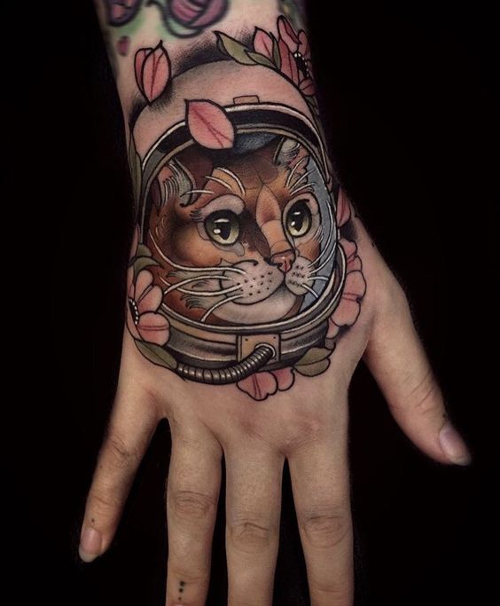 Kooky New School Cat Astronaut Tattoo