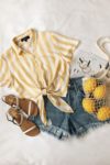 SHort Denim and Yellow Striped Tie Front Top
