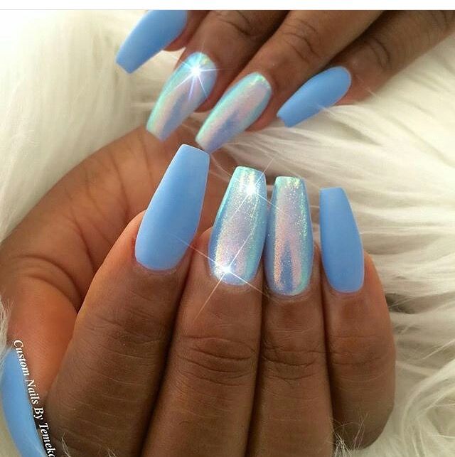 Matte Baby Blue Coffin Nails With Glitter Matte