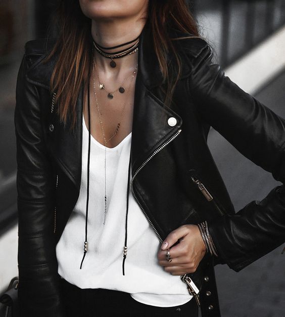 leather jacket outfit pearls