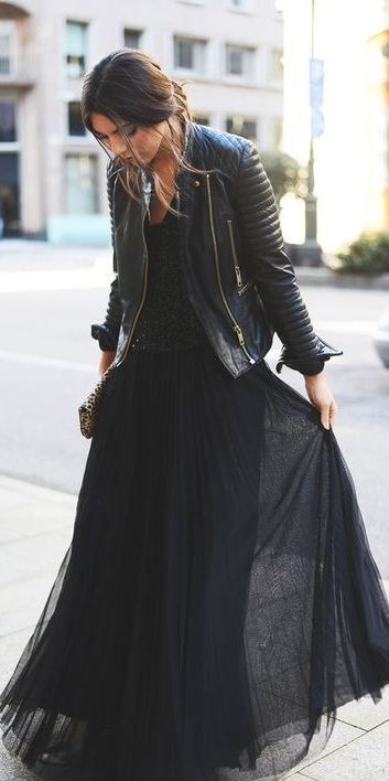 leather jacket outfit black maxi