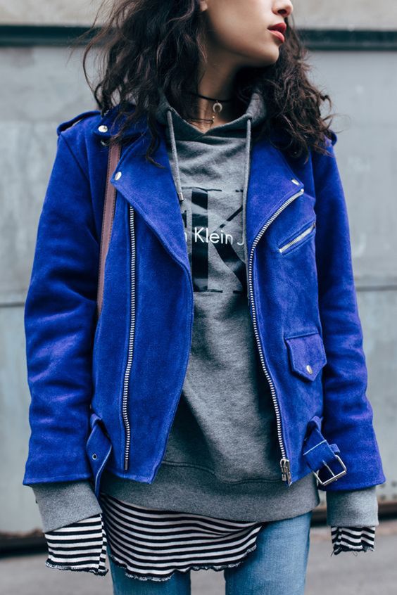 leather jacket outfit blue