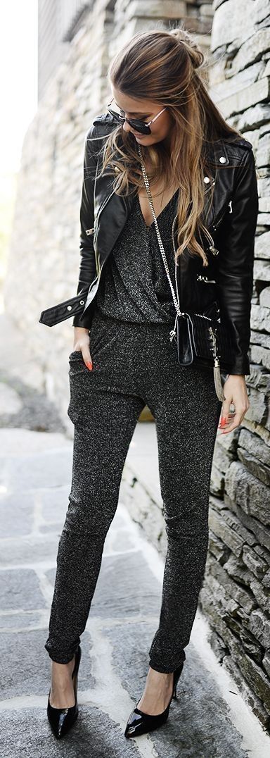 leather jacket outfit metallic jumpsuit