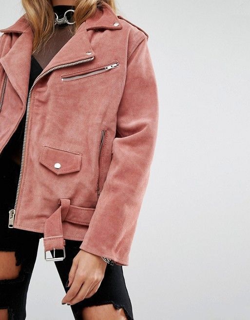 leather jacket outfit pink suede