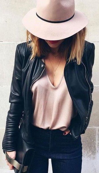 leather jacket outfit pearls