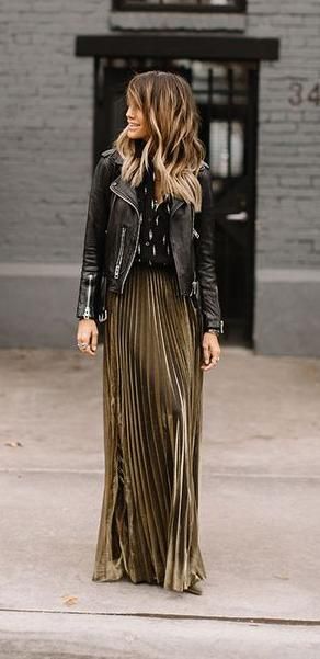 leather jacket outfit pleated maxi