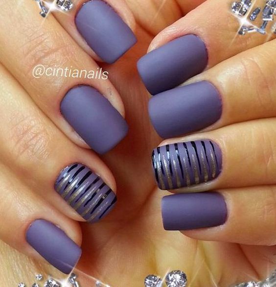 Purple Nail Designs – Matte Dark Purple with Stripes