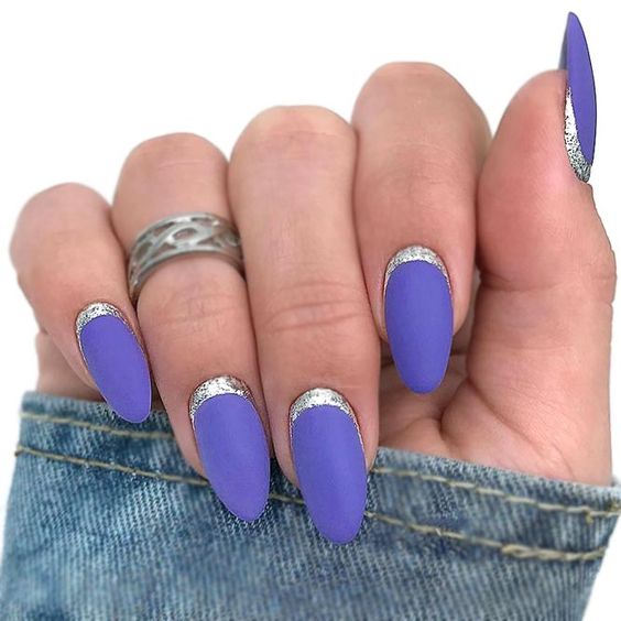 Purple Nail Designs – Matte Purple with Silver Cuticle Detail.