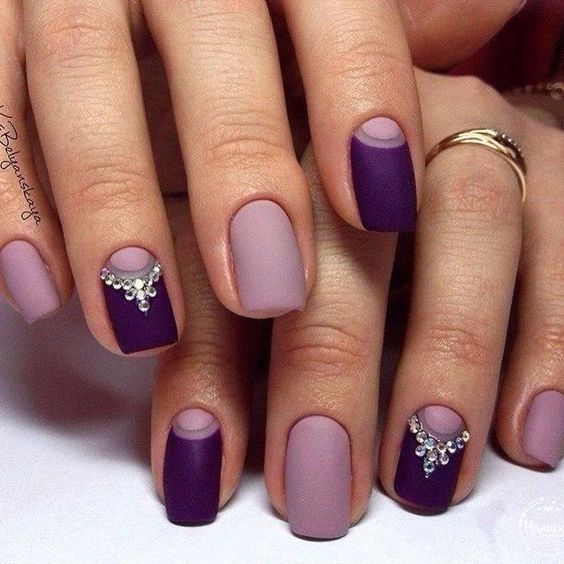 Purple Nail Designs – Matte Two Tone with Diamante Details