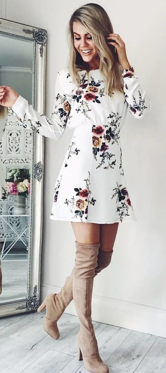 Baby Shower Outfits – Pretty Floral Dress and Thigh High Boots