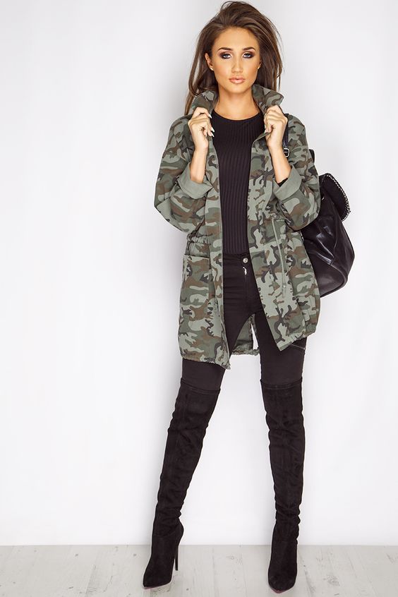 all black camo jacket outfit