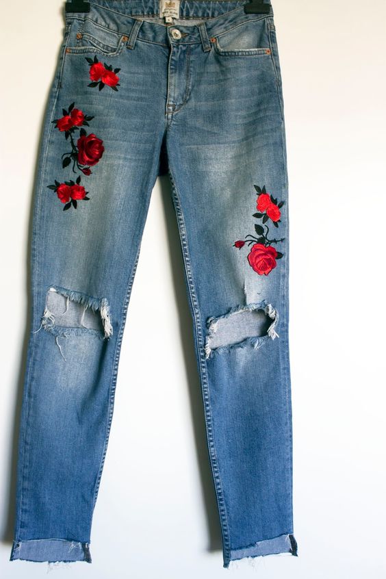 jeans with embroidery and rips