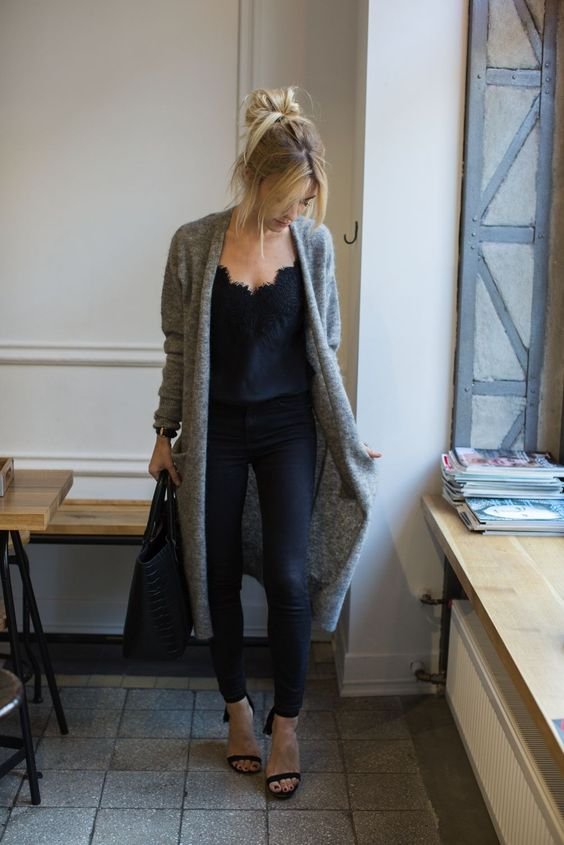 Long gray cardigan on sale outfit