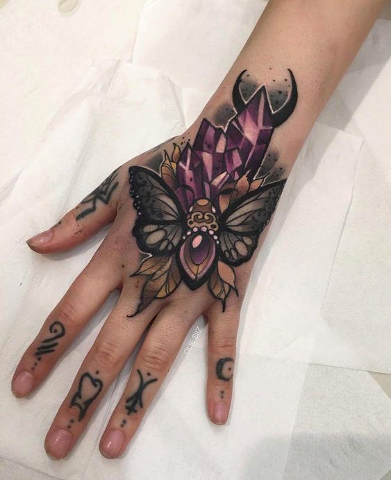 Hand Tattoos for Women – New School Beetle and Crystal Design